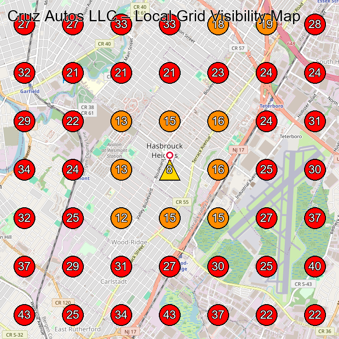 Cruz Autos LLC GeoGrid visibility map for Used Car Dealer in Hasbrouck Heights